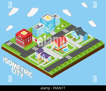 Isometric set of modern city elements with buildings vehicles trees ...