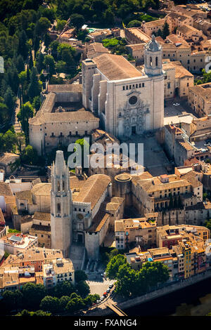 Aerial view, Girona Cathedral, Catedral de Santa Maria de Girona and Sant Feliu church, Santa Feliu, overview of the city Stock Photo