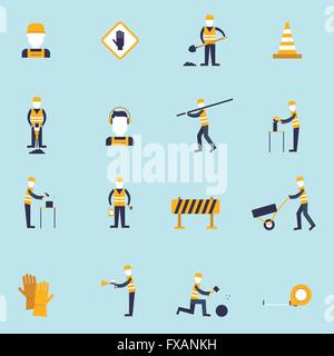 Road worker flat icons set with construction tools and machines ...