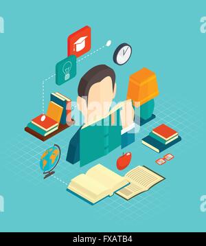 Reading concept isometric with man 3d and books library decorative ...