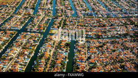 Aerial view, Marina of Empuriabrava, Ampuriabrava, Castelló d'Empúries at the Gulf of Roses, houses with boat investor, Stock Photo