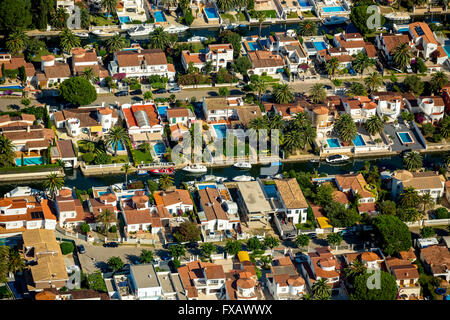 Aerial view, Marina of Empuriabrava, Ampuriabrava, Castelló d'Empúries at the Gulf of Roses, houses with boat investor, Stock Photo