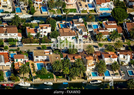 Aerial view, Marina of Empuriabrava, Ampuriabrava, Castelló d'Empúries at the Gulf of Roses, houses with boat investor, Stock Photo