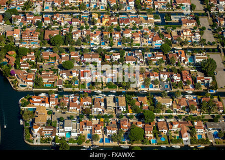 Aerial view, Marina of Empuriabrava, Ampuriabrava, Castelló d'Empúries at the Gulf of Roses, houses with boat investor, Stock Photo