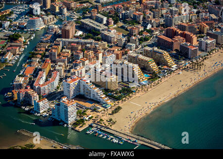 Aerial view, Roses at the Gulf of Roses, skyscrapers beach, resort, palm beach, beach, Costa Brava, Catalonia, Spain, aerial Stock Photo