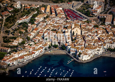 Aerial, Bay of Cadaques, sailboats, old town, Parc Natural Cap de Creus, Cadaqués, Costa Brava, Catalonia, Spain Europe, aerial Stock Photo