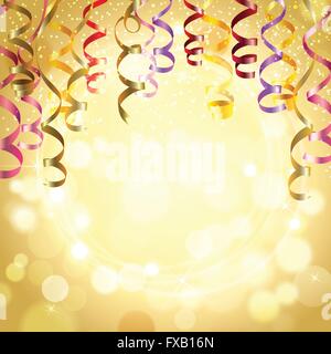 Gold confetti and blue ribbon streamers cascade across a clean white ...