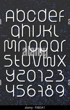 set of round style alphabet letters and numbers over dark background. vector font type design. modern, commercial lettering icon Stock Vector