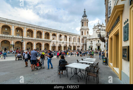 tourists and pilgrims in front of famous Shrine of the Holy House church in Loreto, Italy. Stock Photo