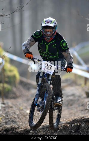 Blandford, Dorset, UK, 13 March 2016. Okeford Hill MTB DH. Zigmantas Jankauskas in action on the newly reopened Okeford Hill bik Stock Photo