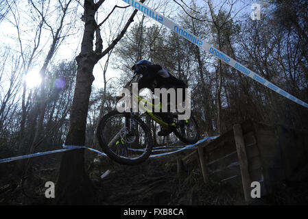 Blandford, Dorset, UK, 13 March 2016. Okeford Hill MTB DH. Action on the newly reopened Okeford Hill bike park in the 2016 openi Stock Photo