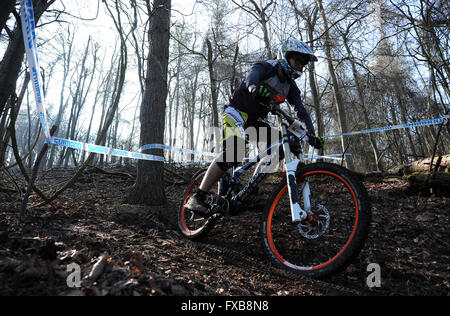 Blandford, Dorset, UK, 13 March 2016. Okeford Hill MTB DH. Jobey Parsons in action on the newly reopened Okeford Hill bike park  Stock Photo