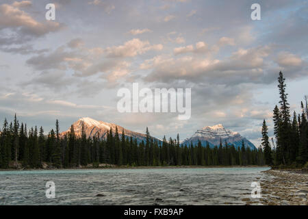 Mount Hardisty and Mount Kerkeslin, Athabasca River, Jasper National Park, Alberta Province, Canada, North America Stock Photo