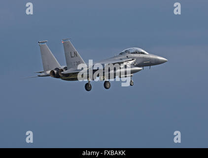 F-15E Eagle, 492th FS, Madhatters, 48th FW, USAFE landing at RAF Lakenheath Stock Photo