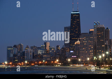 Lake Michigan with the Chicago skyline and John Hancock Building as seen from the lake front at Fullerton Avenue. Stock Photo