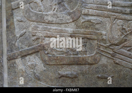 Slab. Transportation of timber (cedars of Lebanon, Phoenician civilization). Transport ships. Palace of Sargon II, Khorsabad. Stock Photo