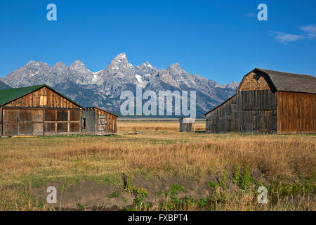 WYOMING - Barn and shed at an old homestead on historic Mormon Row with the Teton Range as a backdrop in Grand Teton Natl Park. Stock Photo