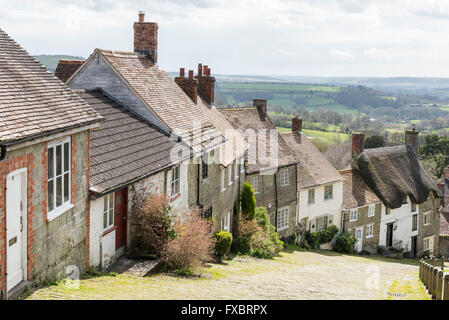 House on Gold Hill Shaftsbury Dorset UK, the Hovis Hill used for the 1970's Hovis Bread TV advert Stock Photo