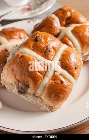 Hot Cross Buns traditionally eaten hot or toasted during Lent Stock Photo