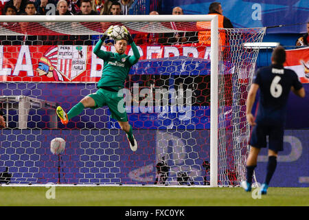 Madrid, Spain. 13th Apr, 2016. Jan Oblak (13) Atletico de Madrid. UCL Champions League between Atletico de Madrid and FC Barcelona at the Vicente Calderon stadium in Madrid, Spain, April 13, 2016 . © Action Plus Sports/Alamy Live News Stock Photo