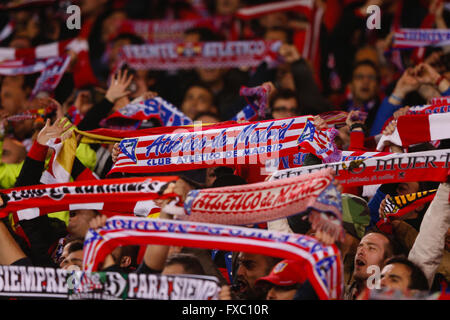 Madrid, Spain. 13th Apr, 2016. At. Madrid fans. UCL Champions League between Atletico de Madrid and FC Barcelona at the Vicente Calderon stadium in Madrid, Spain, April 13, 2016 . © Action Plus Sports/Alamy Live News Stock Photo