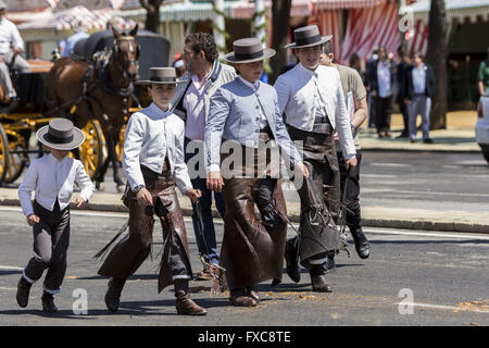 Seville, Spain. 14th Apr, 2016. A group of young horsemen at the ''Feria de Abril'' (April's Fair) 2016 © Daniel Gonzalez Acuna/ZUMA Wire/Alamy Live News Stock Photo