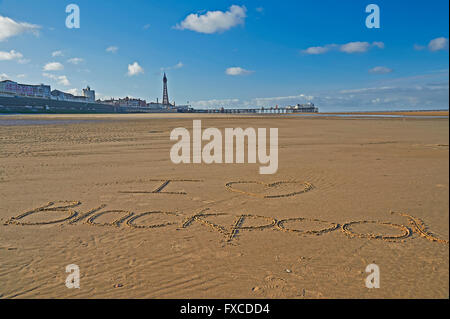 I love Blackpool written on the sand of a deserted beach. Stock Photo