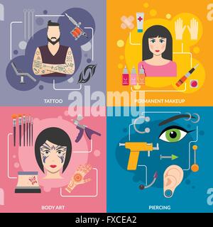 Set with bodyart tattoo piercing process Stock Vector