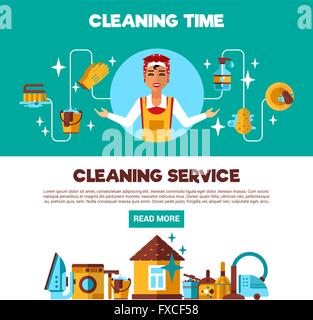 Cleaning service banners template with flat style cleaning accessorises ...