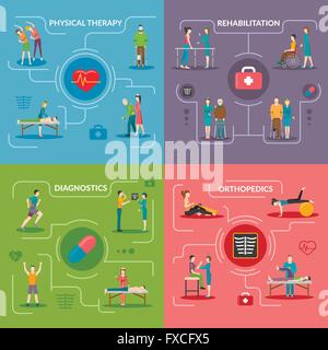 Physiotherapy rehabilitation 2x2 flat design concept set of orthopedic ...