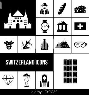 Switzerland black icons set Stock Vector