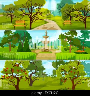 outdoor park sunny day banners trees lake vector illustration Stock ...