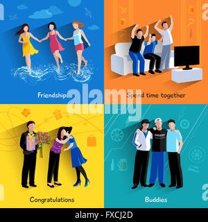 Friends buddies 4 flat icons square Stock Vector