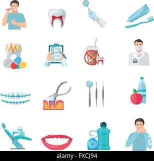 Dental chair icons flat set vector. A row of chairs with different ...