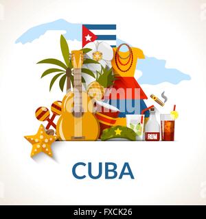 Cuban National Symbols Composition Poster Print Stock Vector