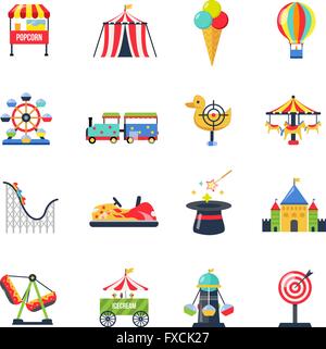 Flat color amusement park icons with roller coaster circus tent ferris ...