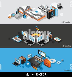 Online education isometric horizontal banners collection with remote ...