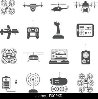 Drones icons set with laptop helicopter and plane flat isolated vector ...
