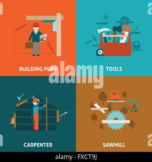 Carpenter concept 4 flat icons square Stock Vector