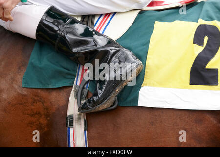 Jockey boot detail and race horse. Horizontal Stock Photo