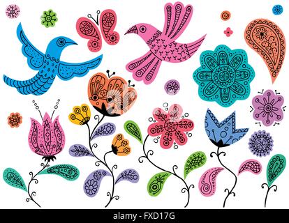 Set of hand drawn floral doodles. No transparency and gradients used. Stock Vector