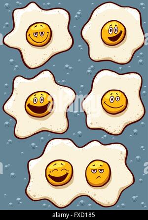 Cartoon of happy fried eggs. No transparency and gradients used. Stock Vector