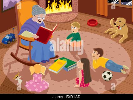 Granny is reading fairy tales to her grandchildren. Stock Vector