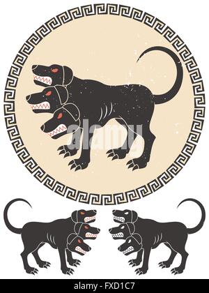 Stylized illustration of Cerberus. 2 additional versions over white background below. Stock Vector