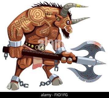 Minotaur over white background. No transparency and gradients used. Stock Vector