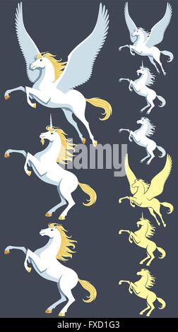 Pegasus, unicorn and stallion clip art. Silhouette versions and pure white versions are also included. No transparency and gradi Stock Vector
