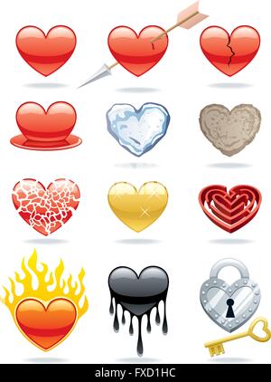 Set of 12 heart icons. Stock Vector