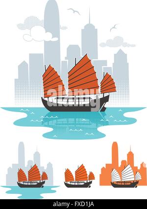 Illustration of junk boat in Hong Kong. Below are 3 additional simplified variations. Stock Vector