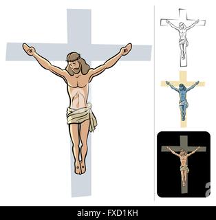 Illustration of the crucified Jesus. 3 additional versions. Stock Vector