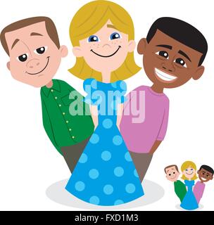 Three kids. In the lower right corner is a simplified version of the image, which can be used as an icon. Stock Vector